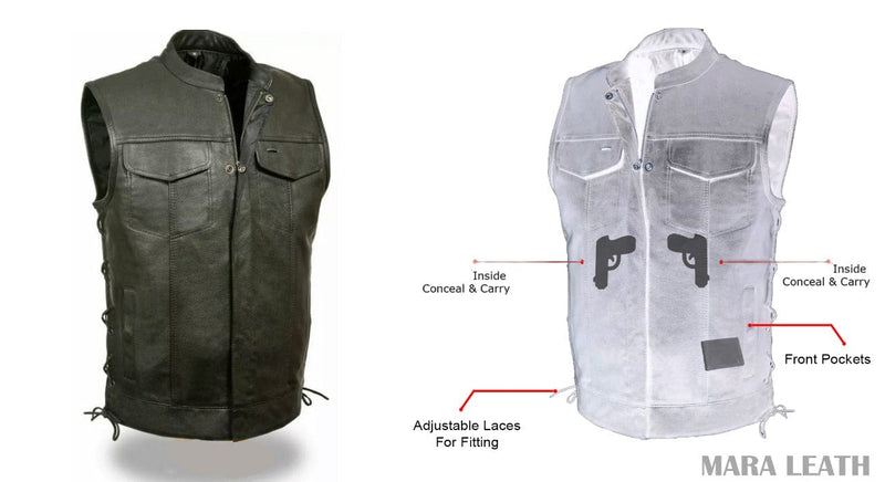 SOA Vest Men's Real Leather Anarchy Motorcycle Biker Club Concealed Carry Outlaw W/Side Laces