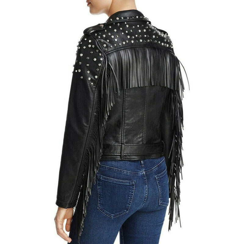 Women Fashion Silver Studded Punk Rock star Leather Biker Jacket Black All Sizes
