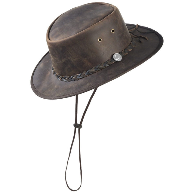 Vintage Distressed Brown Leather Hat W/Adjustable Chinstrap