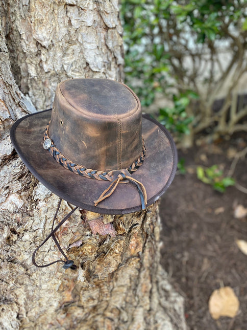 Vintage Distressed Brown Leather Hat W/Adjustable Chinstrap
