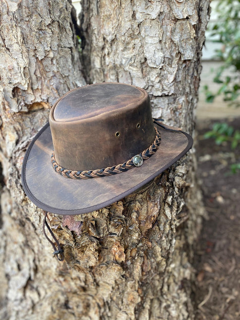 Vintage Distressed Brown Leather Hat W/Adjustable Chinstrap
