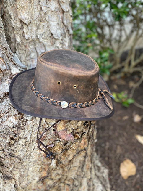 Vintage Distressed Brown Leather Hat W/Adjustable Chinstrap