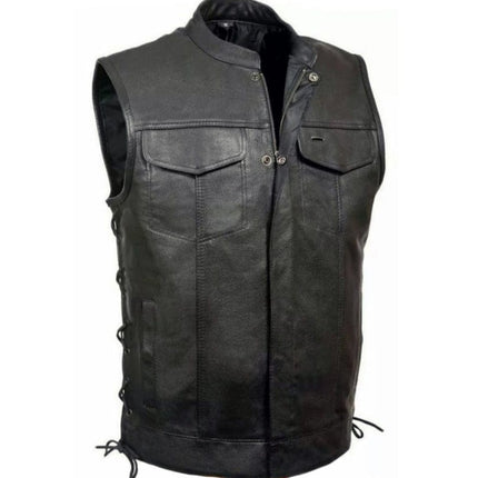 SOA Vest Men's Real Leather Anarchy Motorcycle Biker Club Concealed Carry Outlaw W/Side Laces