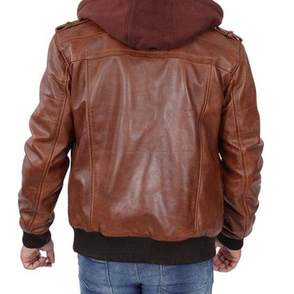Men's Brown Lambskin Leather Jacket Bomber Style With Removable Hood