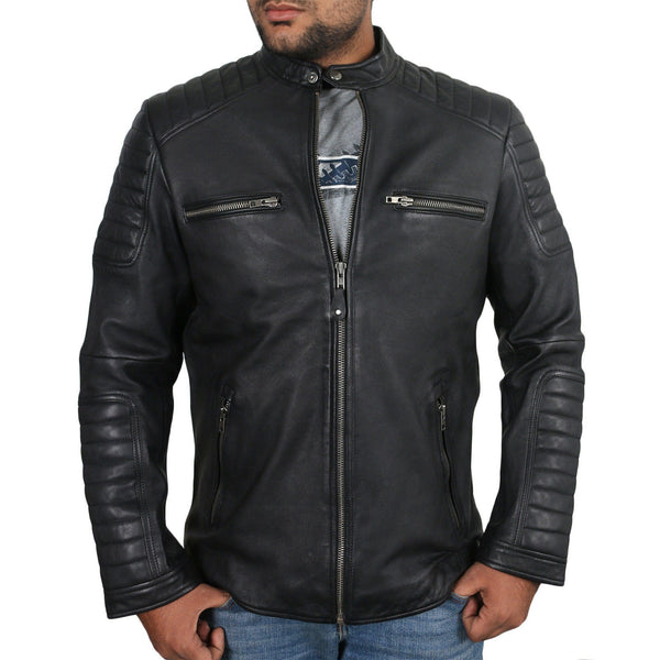 Men's Genuine Leather Moto Jacket with Full Striped Sleeves - MARA Leather