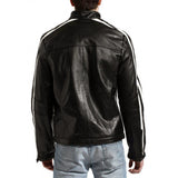 Men's Snap Tab Collar Motorcycle Style Jacket with Striped Sleeves - MARA Leather