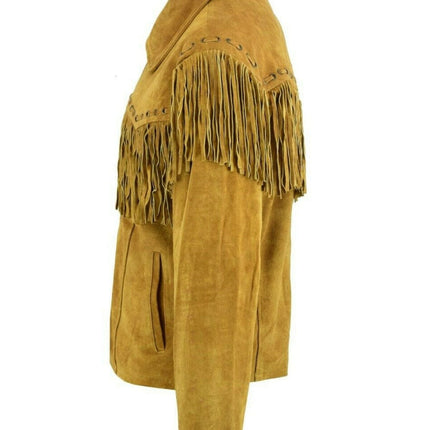 Men's New Native American Western Brown Suede Leather Jacket Fringe Tassels