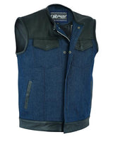 Men’s Leather/Denim Combo Vest (Black/Broken Blue) - MARA Leather