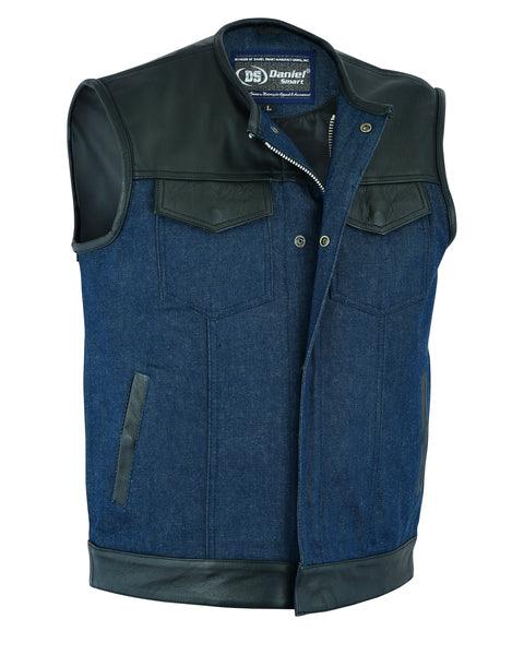 Men’s Leather/Denim Combo Vest (Black/Broken Blue) - MARA Leather