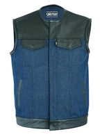Men’s Leather/Denim Combo Vest (Black/Broken Blue) - MARA Leather