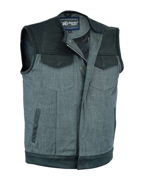 Men’s Perforated Leather/Denim Combo Vest (Black/ Ash Gray) - MARA Leather