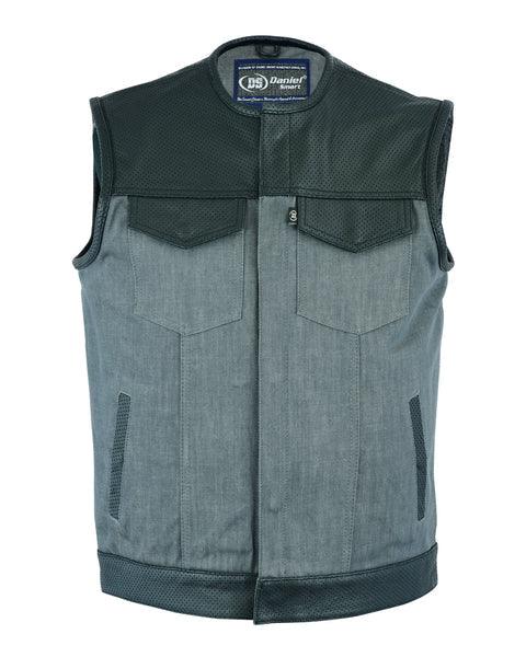 Men’s Perforated Leather/Denim Combo Vest (Black/ Ash Gray) - MARA Leather