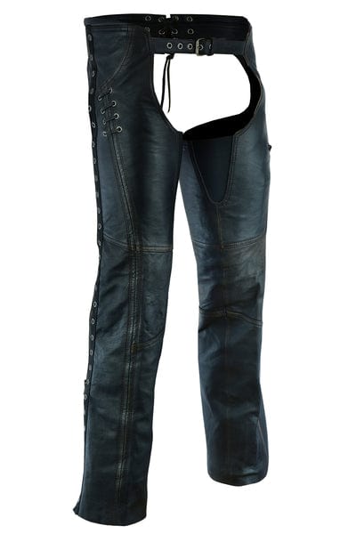 Ladies' Drum Dyed Distressed Leather Black Biker Lightweight Hip Set Chaps