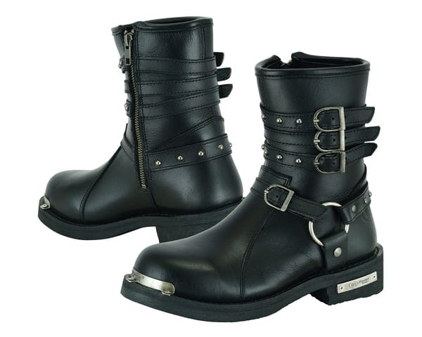 Women's 9 Inch Black Leather Triple Buckle Motorcycle Harness Boots