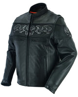 Men's Black Leather Scooter Jacket With Reflective Skulls