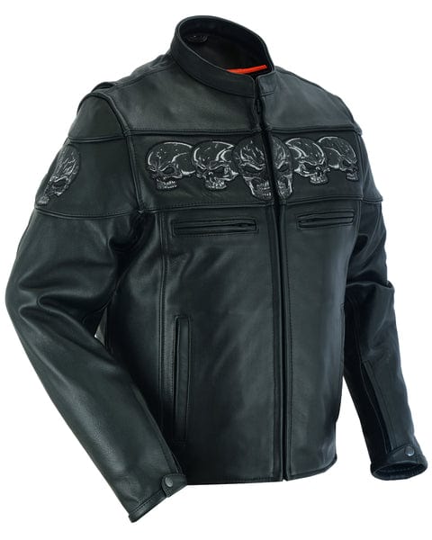 Men's Black Leather Scooter Jacket With Reflective Skulls