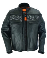 Men's Black Leather Scooter Jacket With Reflective Skulls