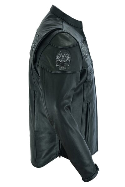 Men's Black Leather Scooter Jacket With Reflective Skulls