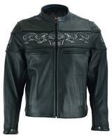 Men's Black Leather Scooter Jacket With Reflective Skulls