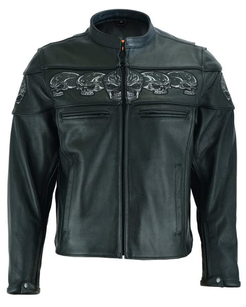 Men's Black Leather Scooter Jacket With Reflective Skulls