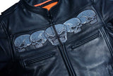 Men's Black Leather Scooter Jacket With Reflective Skulls