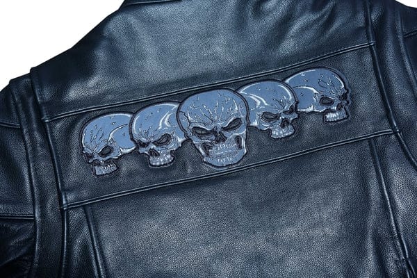 Men's Black Leather Scooter Jacket With Reflective Skulls