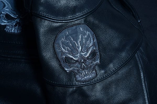 Men's Black Leather Scooter Jacket With Reflective Skulls