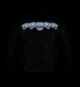 Men's Black Leather Scooter Jacket With Reflective Skulls