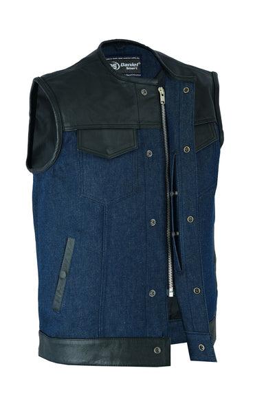 Men’s Leather/Denim Combo Vest (Black/Broken Blue) - MARA Leather