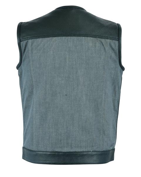 Men’s Perforated Leather/Denim Combo Vest (Black/ Ash Gray) - MARA Leather