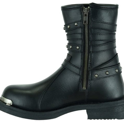 Women's 9 Inch Black Leather Triple Buckle Motorcycle Harness Boots