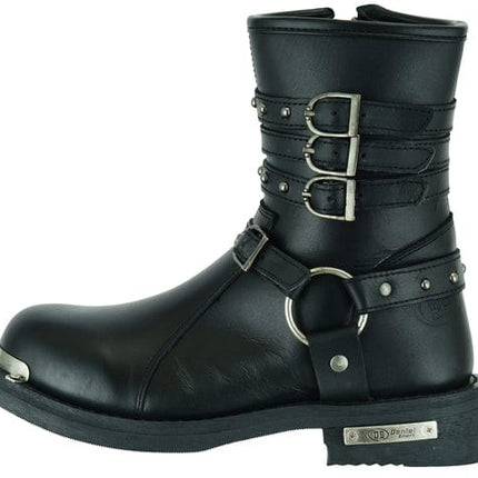 Women's 9 Inch Black Leather Triple Buckle Motorcycle Harness Boots