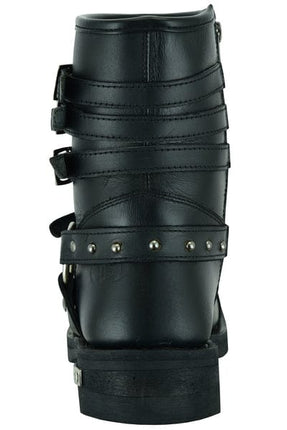 Women's 9 Inch Black Leather Triple Buckle Motorcycle Harness Boots