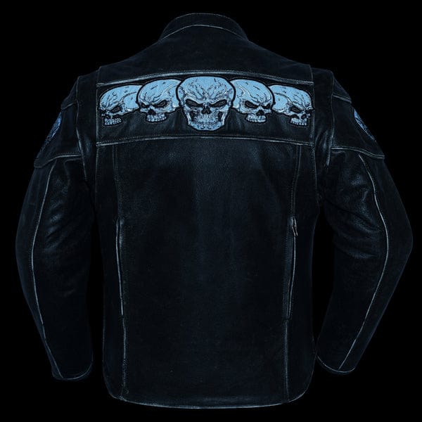 Men's Soft Drum Dyed Distressed Leather Motorcycle Jacket W/Reflective Skulls