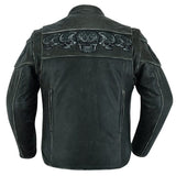 Men's Soft Drum Dyed Distressed Leather Motorcycle Jacket W/Reflective Skulls