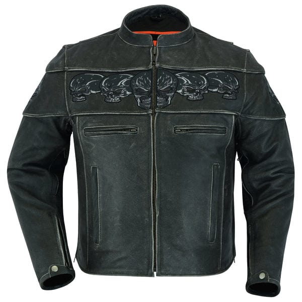 Men's Soft Drum Dyed Distressed Leather Motorcycle Jacket W/Reflective Skulls