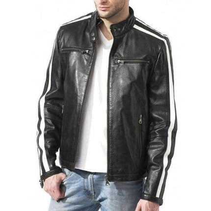 Men's Snap Tab Collar Motorcycle Style Jacket with Striped Sleeves - MARA Leather