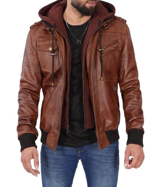 Men's Brown Lambskin Leather Jacket Bomber Style With Removable Hood